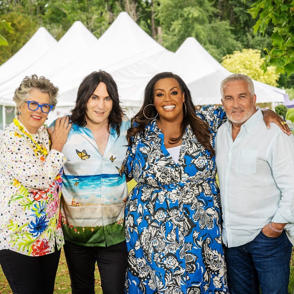 The star picture with the rest of the Bake Off cohort (L-R): Prue Leith, Noel Fielding and Paul Hollywood