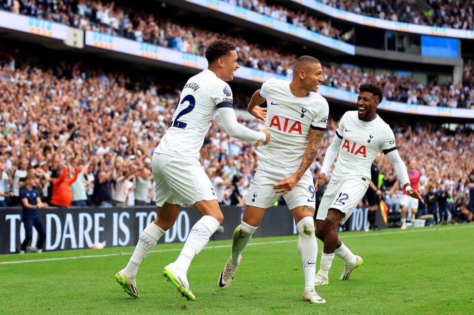 Brennan Johnson is one of Spurs' new stars as he celebrates with Emerson and Richarlison in last Saturday's 2-1 comeback win vs  Sheffield United