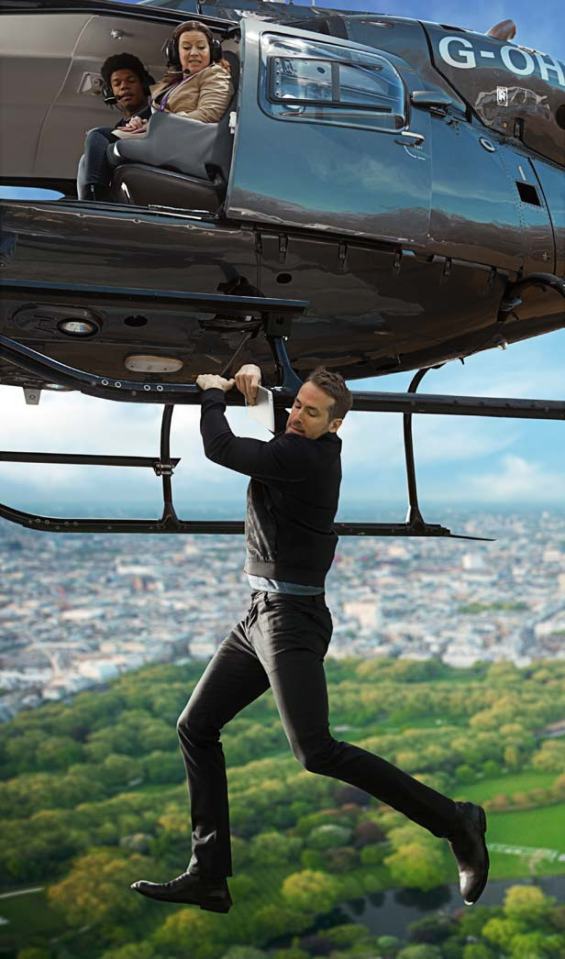 Deadpool star Ryan Reynolds hung from a helicopter 200 metres in the air to show how far BT's wi-fi signal can reach