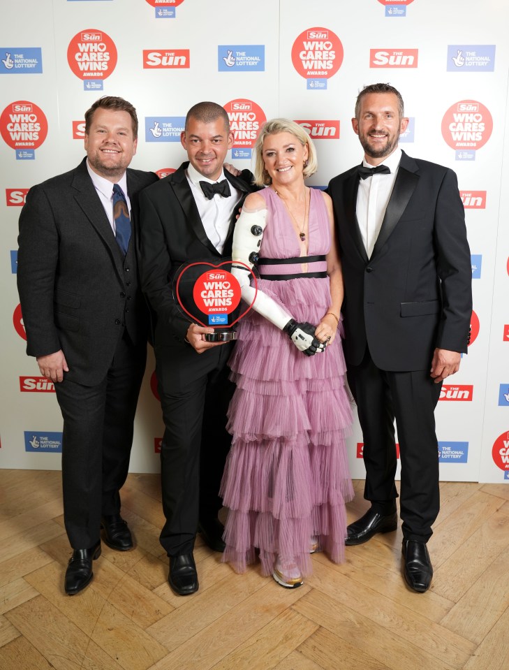 Dr Benjamin Marriage and paramedics Chris Doyle and Kevin Cuddon, who saved the life of Sarah de Lagarde, were presented with their award by James Corden