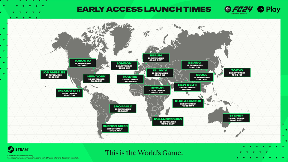 A world map showing early access release timings for the video game EA FC 24 across select time zones.