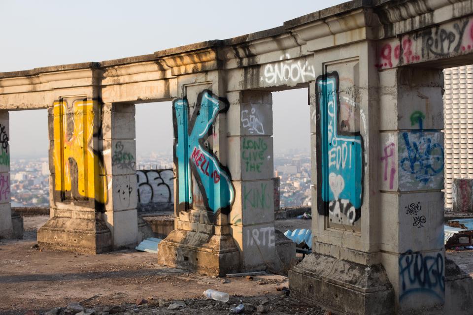 Graffiti has been sprayed inside the long-abandoned tower