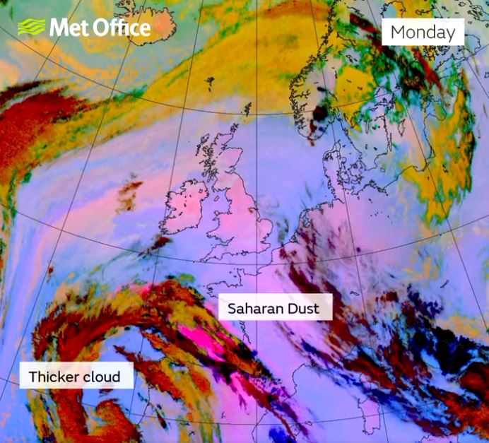 Saharan dust, shown in pink, is sweeping across the UK this week