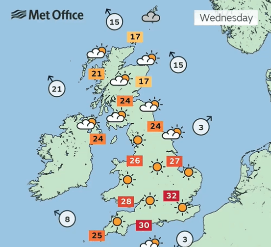 Temperatures are expected to reach highs of 32C in the southeast on Wednesday