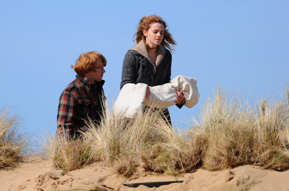 Hermione, played by Emma Watson, carried Dobby's body from Shell Cottage to his grave with Ron, played by Rupert Grint