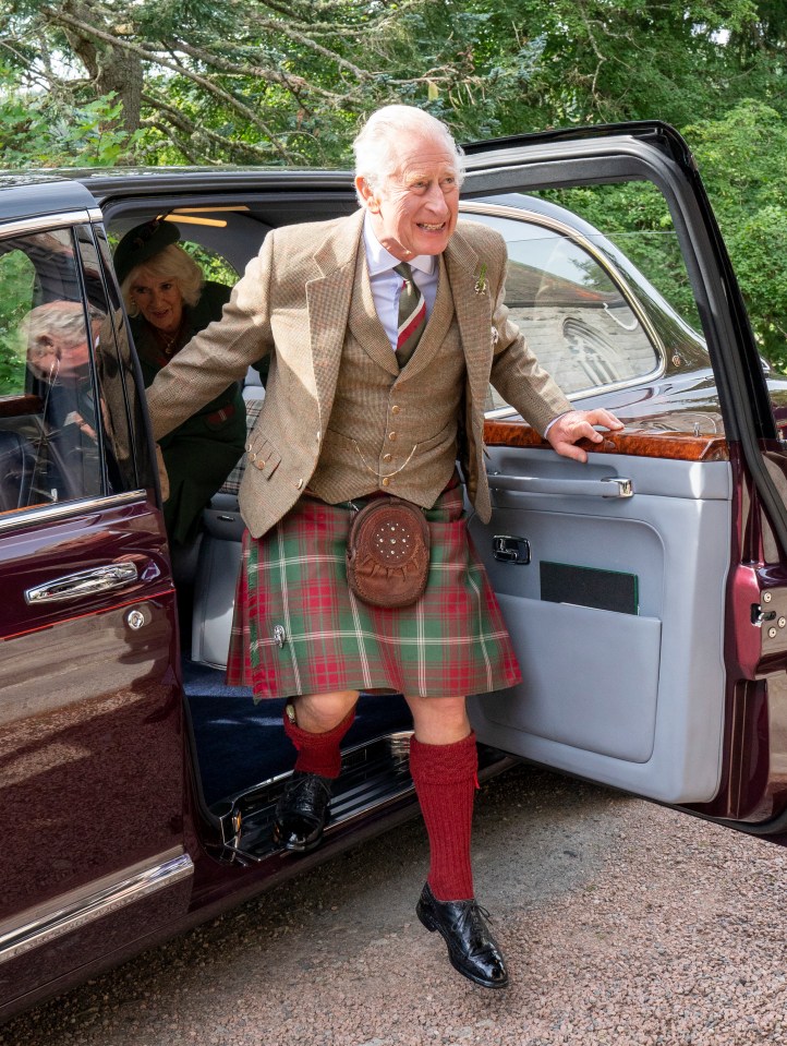 King Charles arrives at Crathie Church, Balmoral, wearing a kilt