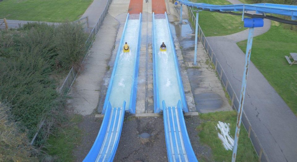 Kids can race on the dual outdoor waterslides