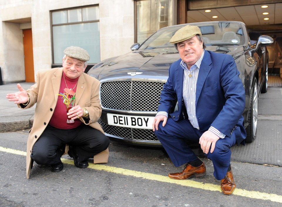 Mr Dawson picks up his new Bentley with its DE11 BOY numberplate alongside Del Boy lookalike Maurice Canham