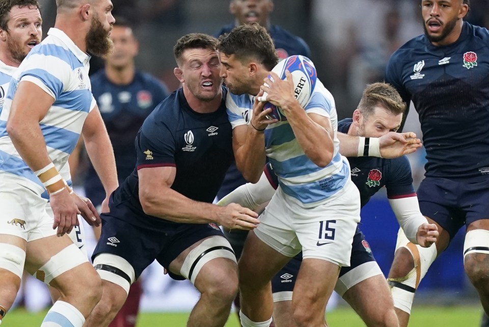 England’s Tom Curry (left) was red carded for this on Argentina’s Juan Mallia