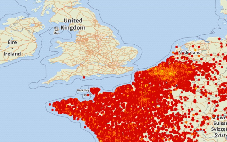 A map showing Asian Hornet sightings on continental Europe as the UK could be next