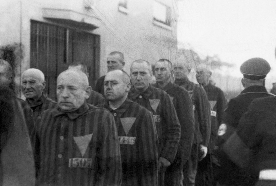 Prisoners in striped uniforms at the Sachsenhausen camp near Berlin, in December 1938