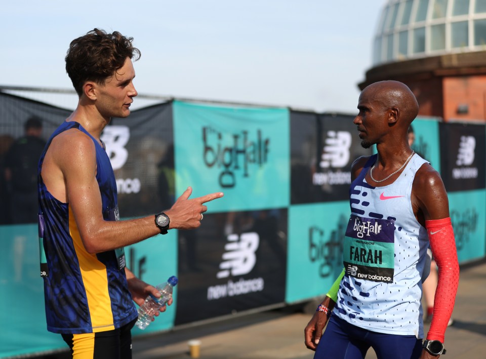 Sir Mo Farah chatted with winner Jack Rowe, after finishing fourth in the Men’s Elite race