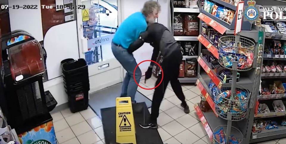 A brave shopkeeper in Leeds tackled a shoplifter appearing to carry a firearm