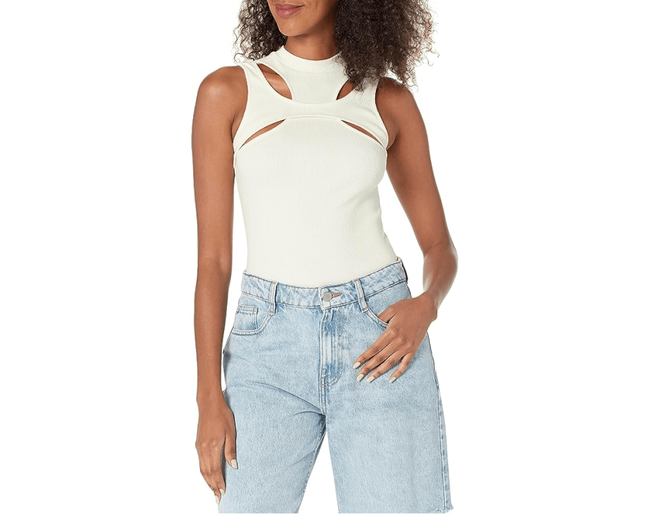 Ivory Mock Neck Cutout Rib Knit Top