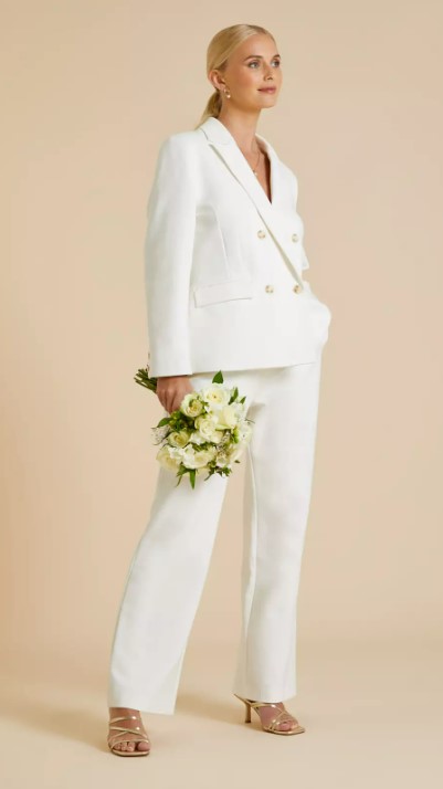 This bridal trouser suit featuring a double-breasted jacket and wide-legged trousers is just £68