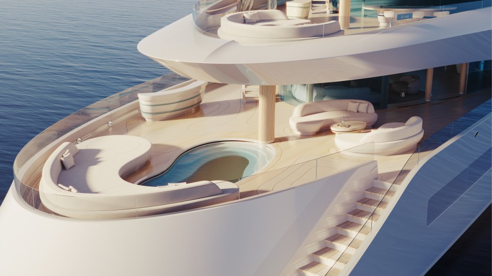 The yacht boasts two pools and a lavish private deck offering incredible views