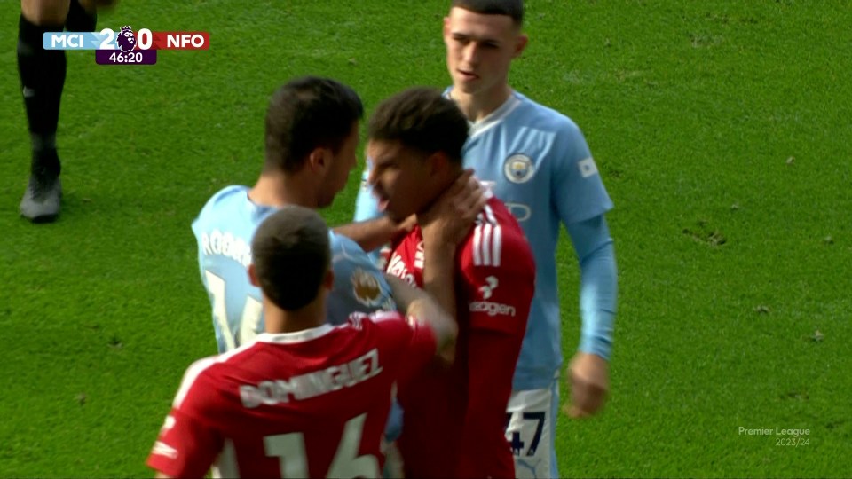 Rodri was sent off putting his hands around Morgan Gibbs-White's neck