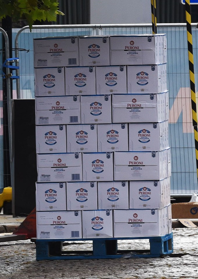 A tower of Peroni beer waits to be taken into the Midland Hotel