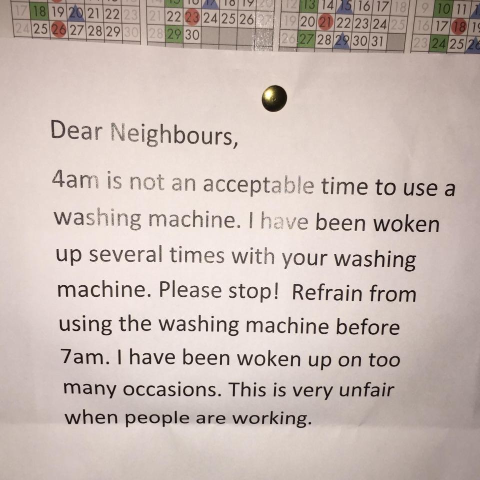 A woman shared an angry note her neighbours had left on the door of their flats