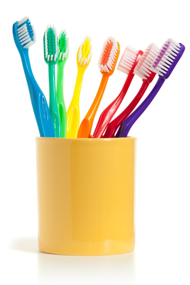 Studio Shot of coloured tooth brushes in a yellow mug.