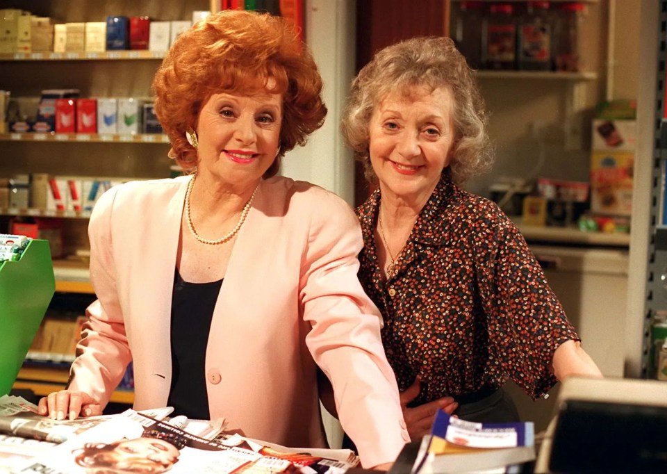 Barbara and Thelma Barlow who played Rita’s colleague in the Kabin newsagents, Mavis Wilton