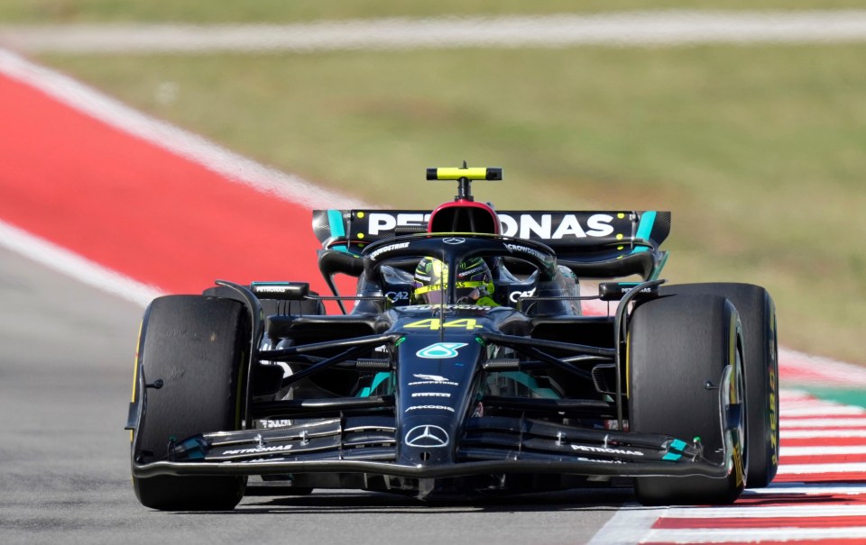 Mercedes driver Lewis Hamilton, of Britain, drives during the Formula One U.S. Grand Prix auto race at Circuit of the Americas, Sunday, Oct. 22, 2023, in Austin, Texas. (AP Photo/Nick Didlick)