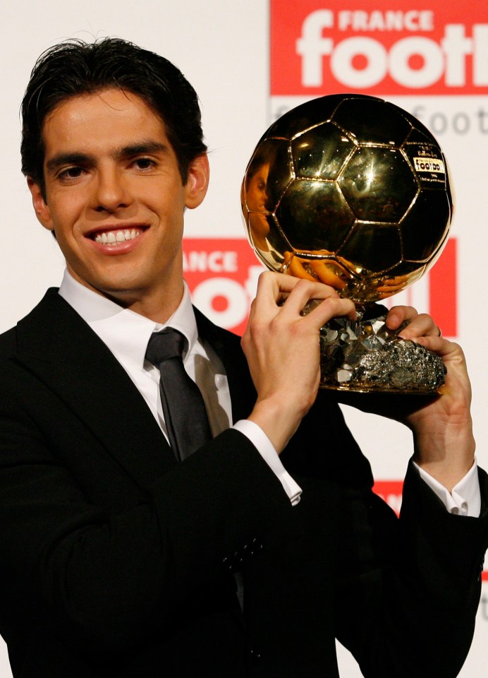 AC Milan and Brazil playmaker Kaka holds the 2007 Ballon d'Or trophy in Paris December 2, 2007. Kaka was awarded the 2007 Ballon d'Or by French magazine France Football and is already the winner of the FIFPro world Player of the Year and UEFA European Club Player of the Year awards and is the big favourite for FIFA's World Player of the Year award to be announced later this month. REUTERS/Benoit Tessier (FRANCE).