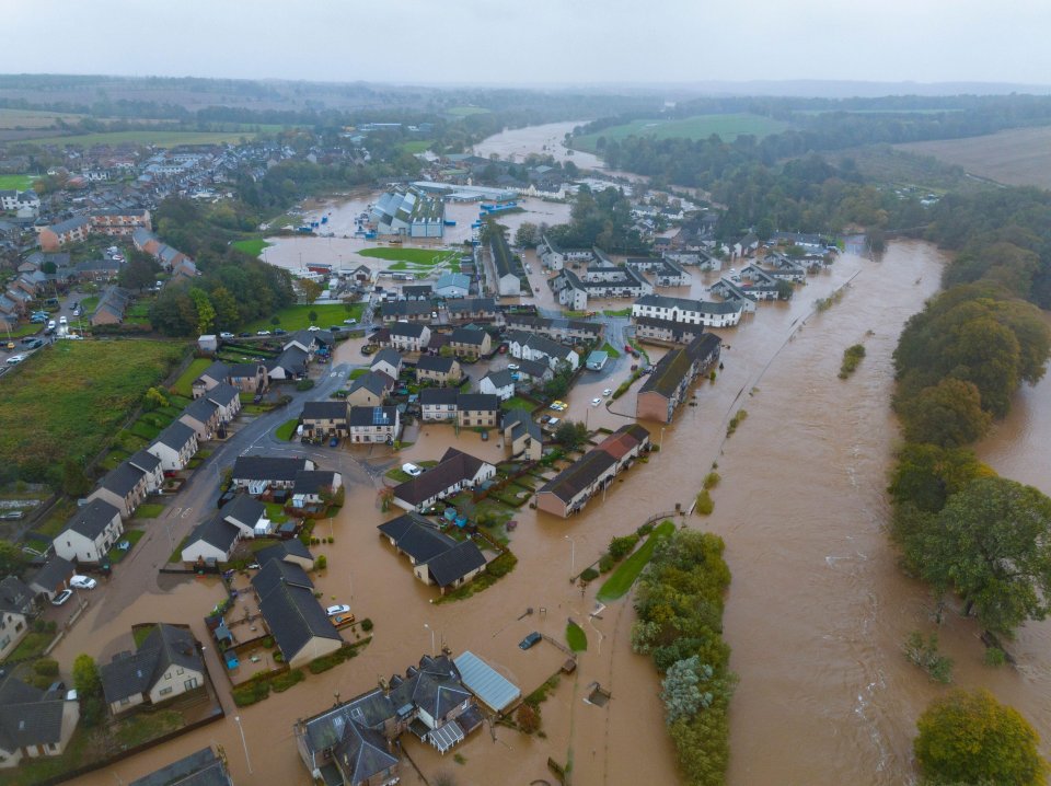 Aerial views of Brechin after the River South Esk broke its banks