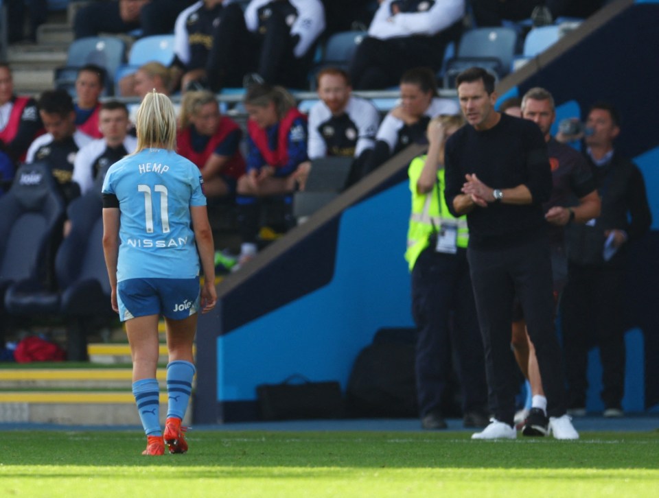 City went down to nine players at the end of the match after Lauren Hemp was sent off