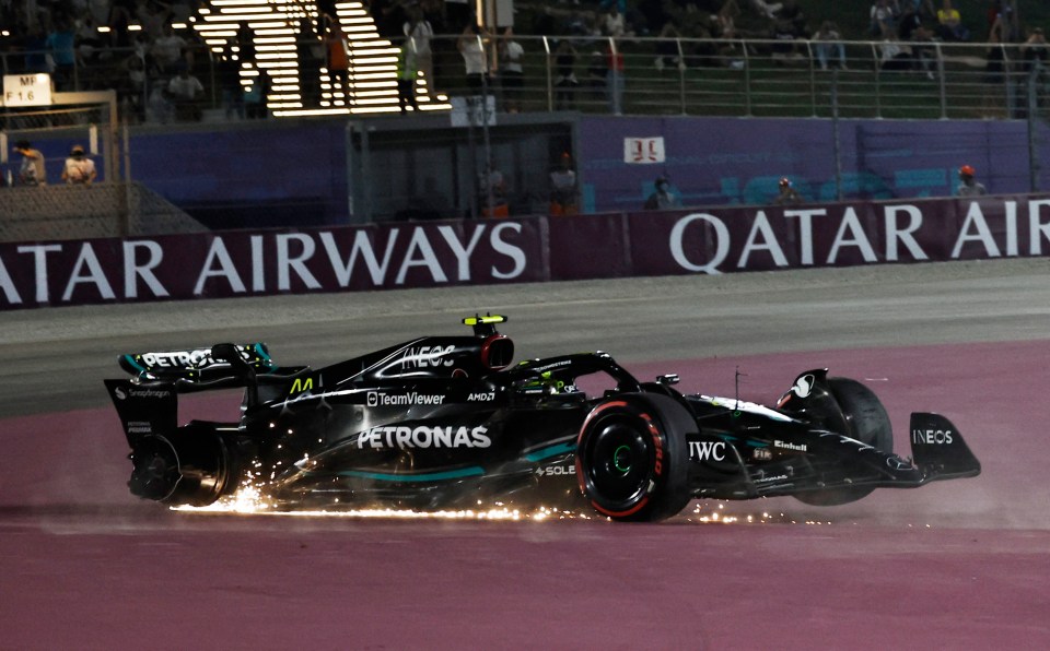 Lewis Hamilton crashed out of the Qatar GP on the first lap