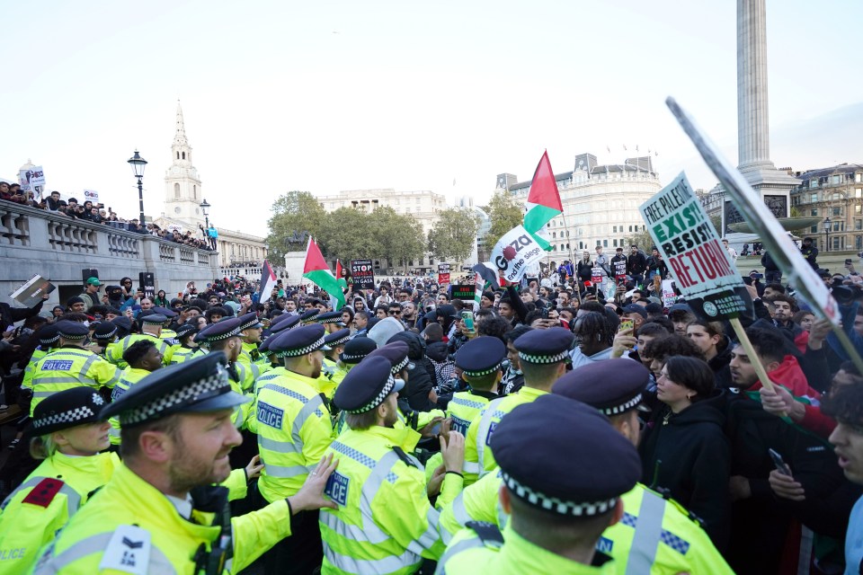 Police officers and protesters clash in Trafalgar Square during a March for Palestine in London