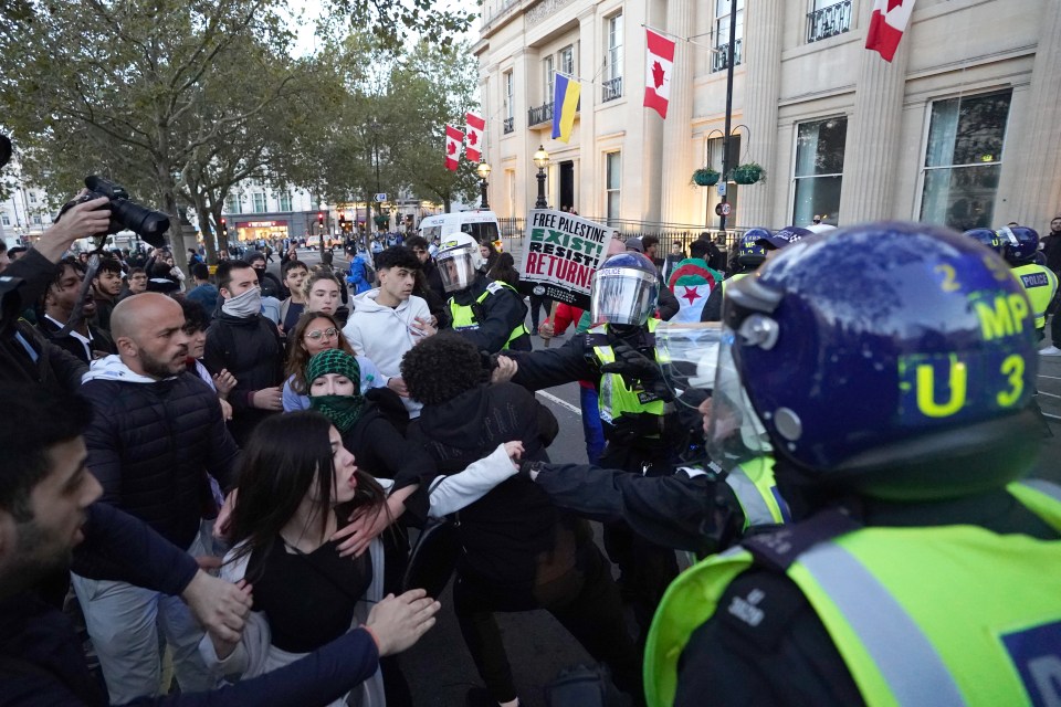 Police officers and protesters clash close to Trafalgar Square during a March for Palestine in London