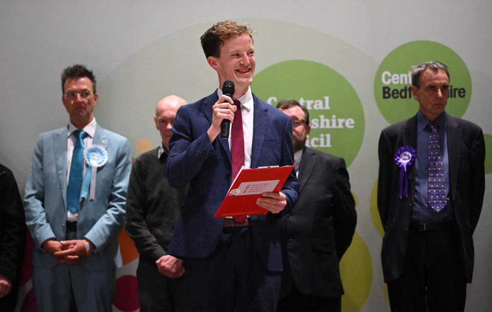 Labour's Alistair Strathern delivers a victory speech after winning the Mid-Bedfordshire by-election