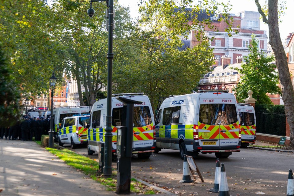 Police vans line the streets before the pro-Palestinian demonstration in London