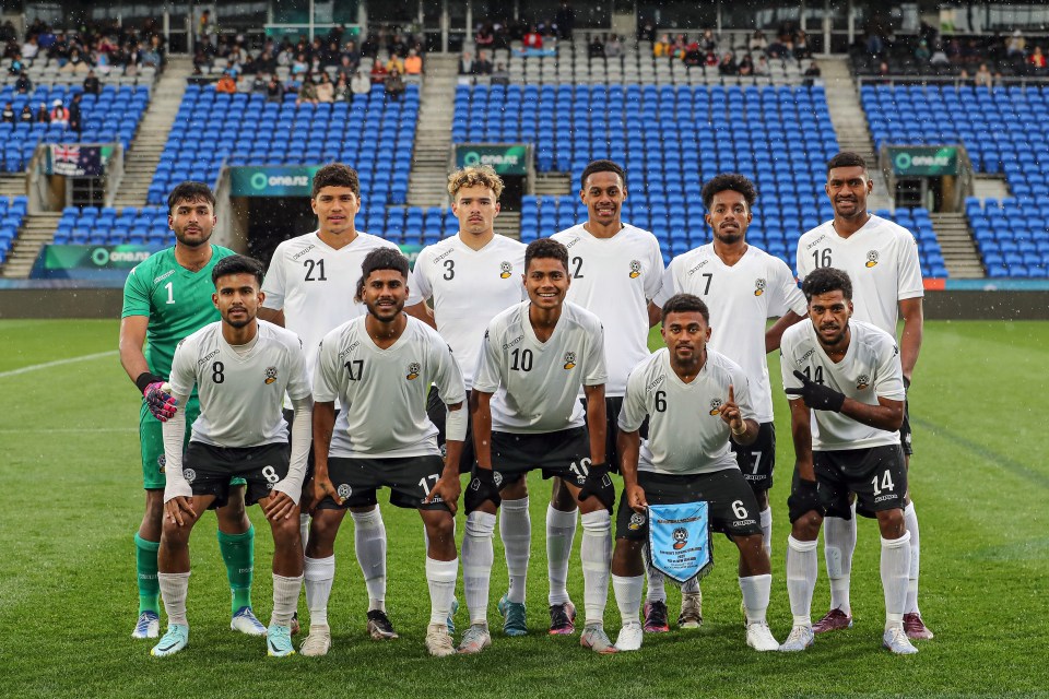 Fiji team photo. OFC Men's Olympic Qualifier 2023, New Zealand v Fiji, Go Media Stadium, Auckland, Wednesday 30 August 2023. Photo: Shane Wenzlick / www.phototek.nz