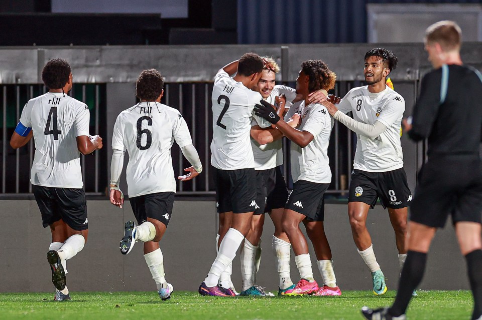 Fiji's Brendan Mcmullen scores Fiji's third goal. OFC Men's Olympic Qualifier 2023, Semi Final, Solomon Islands v Fiji, Go Media Stadium, Auckland, Wednesday 6th September 2023. Photo: Shane Wenzlick / www.phototek.nz