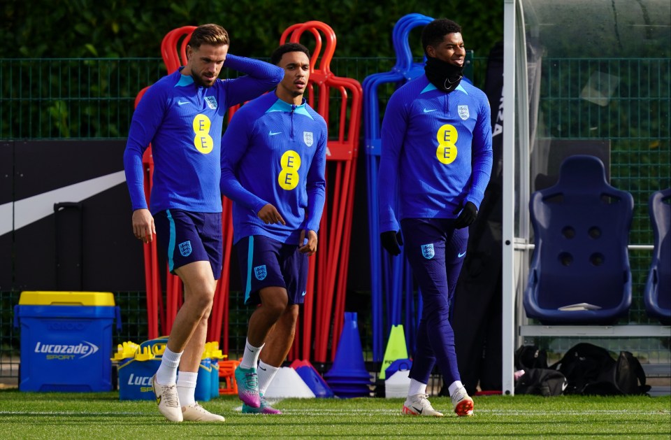 Jordan Henderson, left, and Trent Alexander-Arnold, centre, were also tagged in Bellingham and Maddison's 'Sheriffs' posts