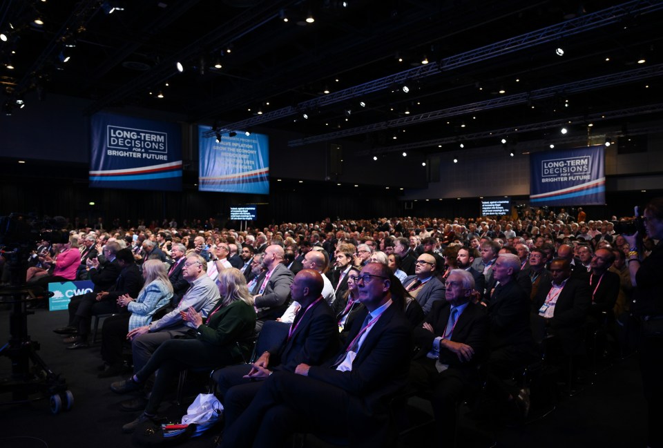 Mandatory Credit: Photo by James Veysey/Shutterstock (14133220bn) Party delegates in the hall for the conference speech by Home Secretary Suella Braverman Conservative Party Conference, Day 3, Manchester, UK - 03 Oct 2023