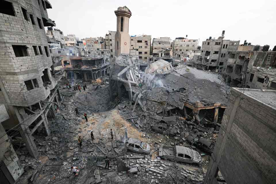 The destruction around a mosque levelled by Israeli airstrikes