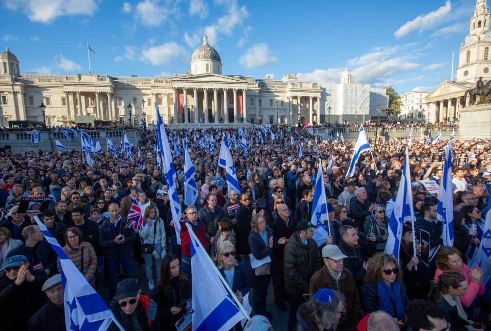 Mandatory Credit: Photo by Tayfun Salci/ZUMA Press Wire/Shutterstock (14161882h) Relatives of Israeli citizens kidnapped by Hamas and members of the jewish community in London staged a rally in Trafalgar Square calling for the release of hostages. Bring Them Home rally in London, England, United Kingdom - 22 Oct 2023