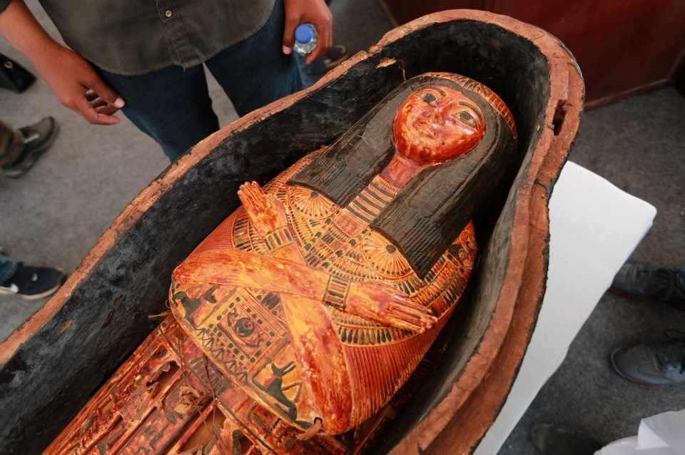 A mummy coffin unearthed at a cemetery in Minya Governorate, Egypt