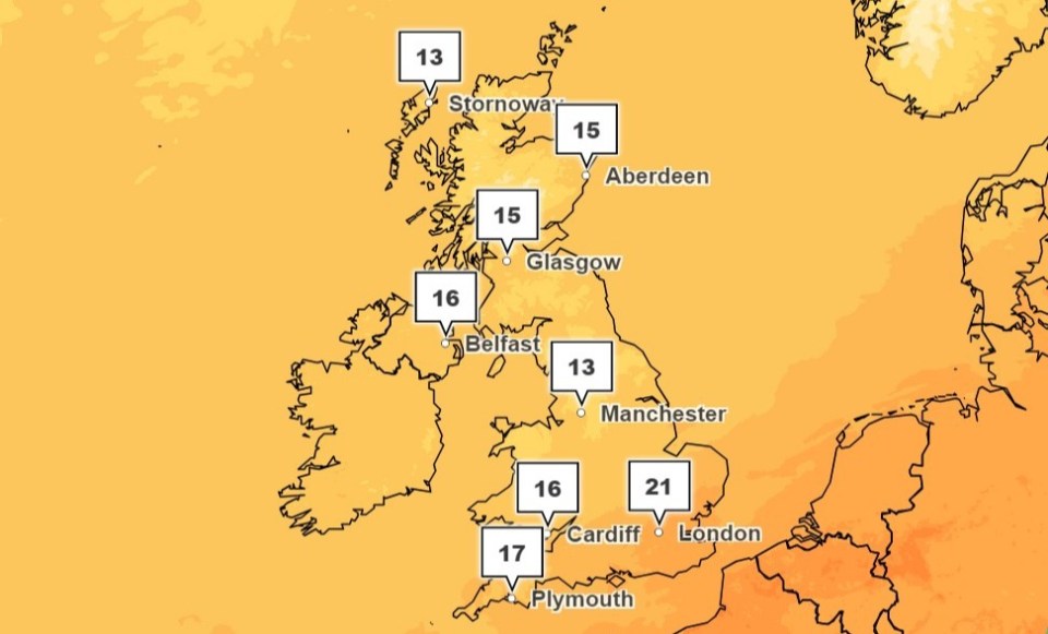 Temperatures will reach highs of 21C in London today, according to the Met Office