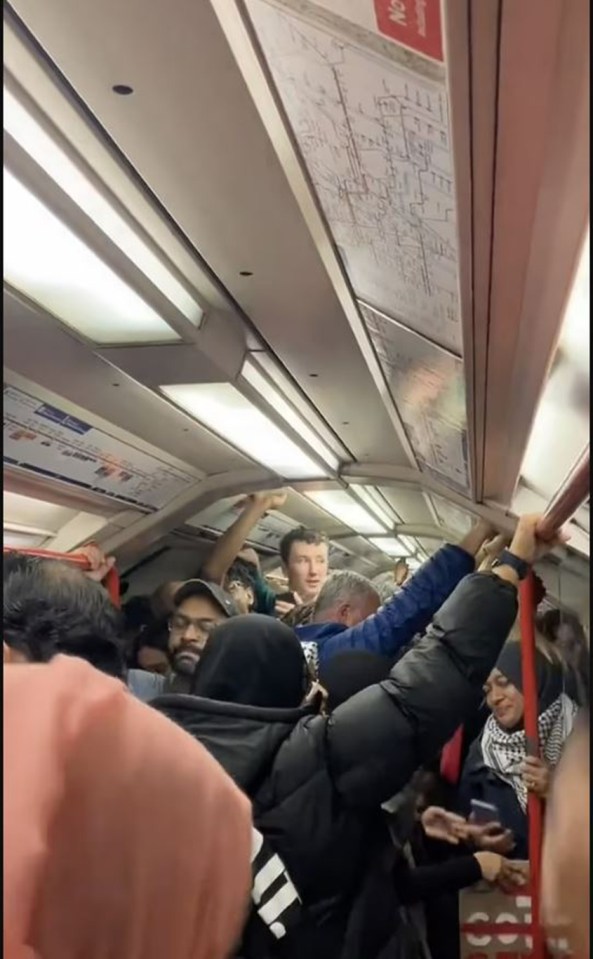 Video circulating online appears to show the Central Line driver leading a chant of 'Free, free Palestine' for the hundreds of people packed tightly into busy train, , NOTE - PERSON WHO POSTED VIDEO RubyJLL DELETED IT ONCE IT WENT VIRAL AND WITHDREW PERMISISON FROM ANYONE USING., , These grabs taken from MoL