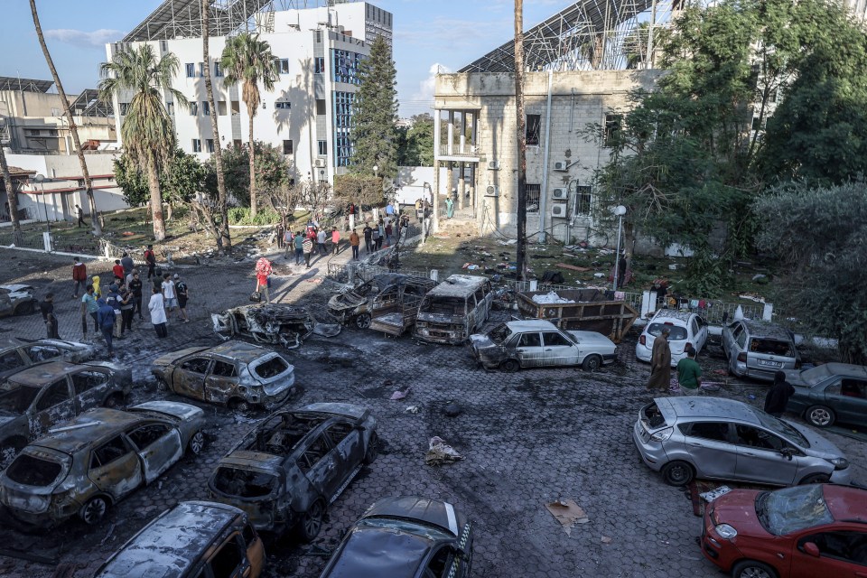 GAZA CITY, GAZA - OCTOBER 18: A view of the surroundings of Al-Ahli Baptist Hospital after it was hit in Gaza City, Gaza on October 18, 2023. Over 500 people were killed on Al-Ahli Baptist Hospital in Gaza on Tuesday, Health Ministry spokesman Ashraf al-Qudra told. According to the Palestinian authorities, Israeli army is responsible for the deadly bombing. (Photo by Ali Jadallah/Anadolu via Getty Images)