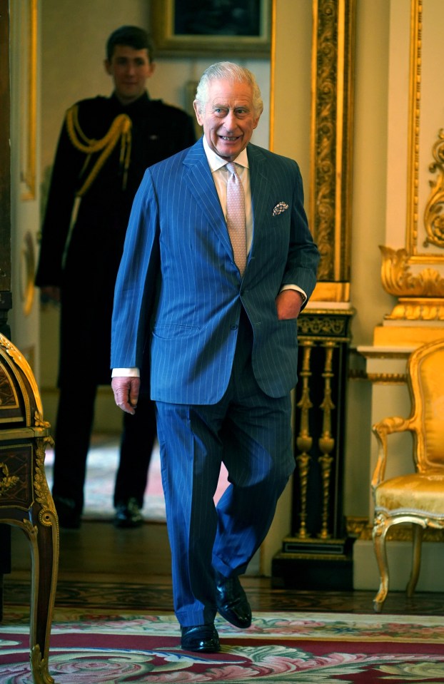 LONDON, ENGLAND - OCTOBER 12: King Charles III arrives to present the 2022 and 2023 Queen Elizabeth Prize for Engineering during a reception at Buckingham Palace on October 12, 2023 in London, England. (Photo by Yui Mok - Pool/Getty Images)