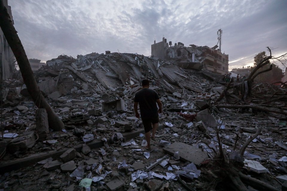 The Palestine Tower was left in ruins after Israeli warplanes targeted