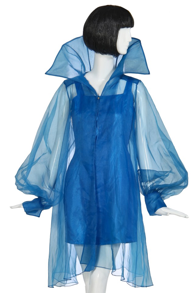 Meg's blue organza smock with pointed standing collar worn for a TV ad and a National Lottery promo