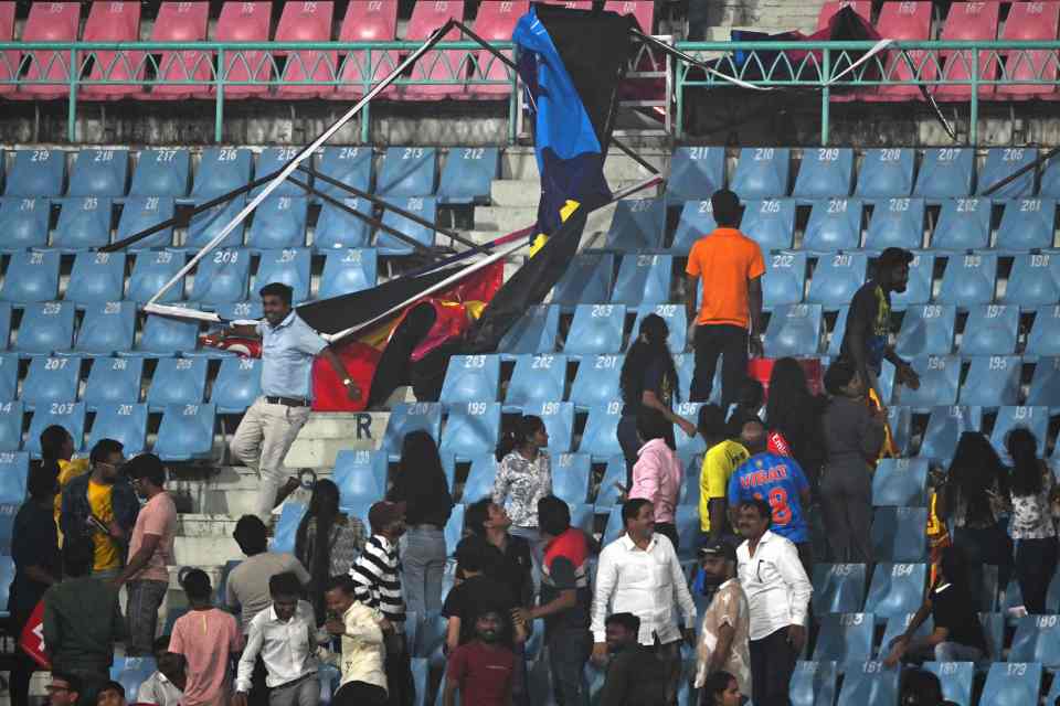 Sudden showers saw scaffolding fall at the Ekana Stadium in India