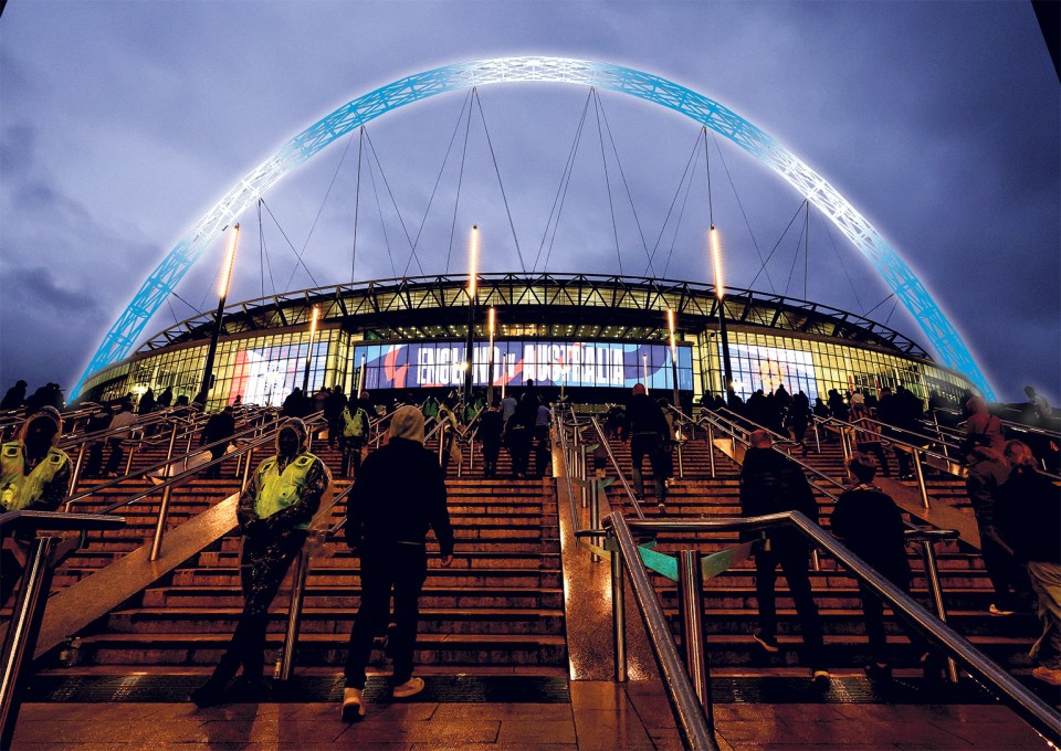 An illustration of how the Wembley arch should have looked in the colours of Israel after last week's terror attack