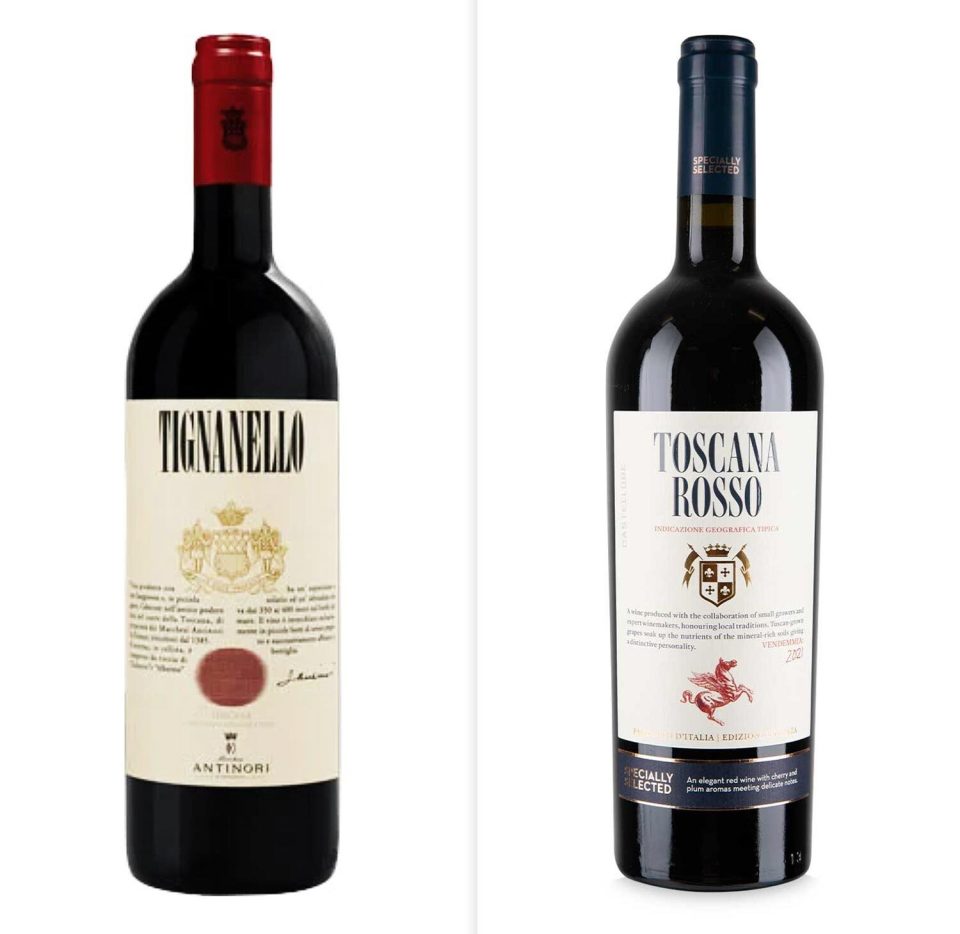 Tignanello, £169.99, from Majestic, left, or Aldi’s Toscana Rosso, right is £9.69